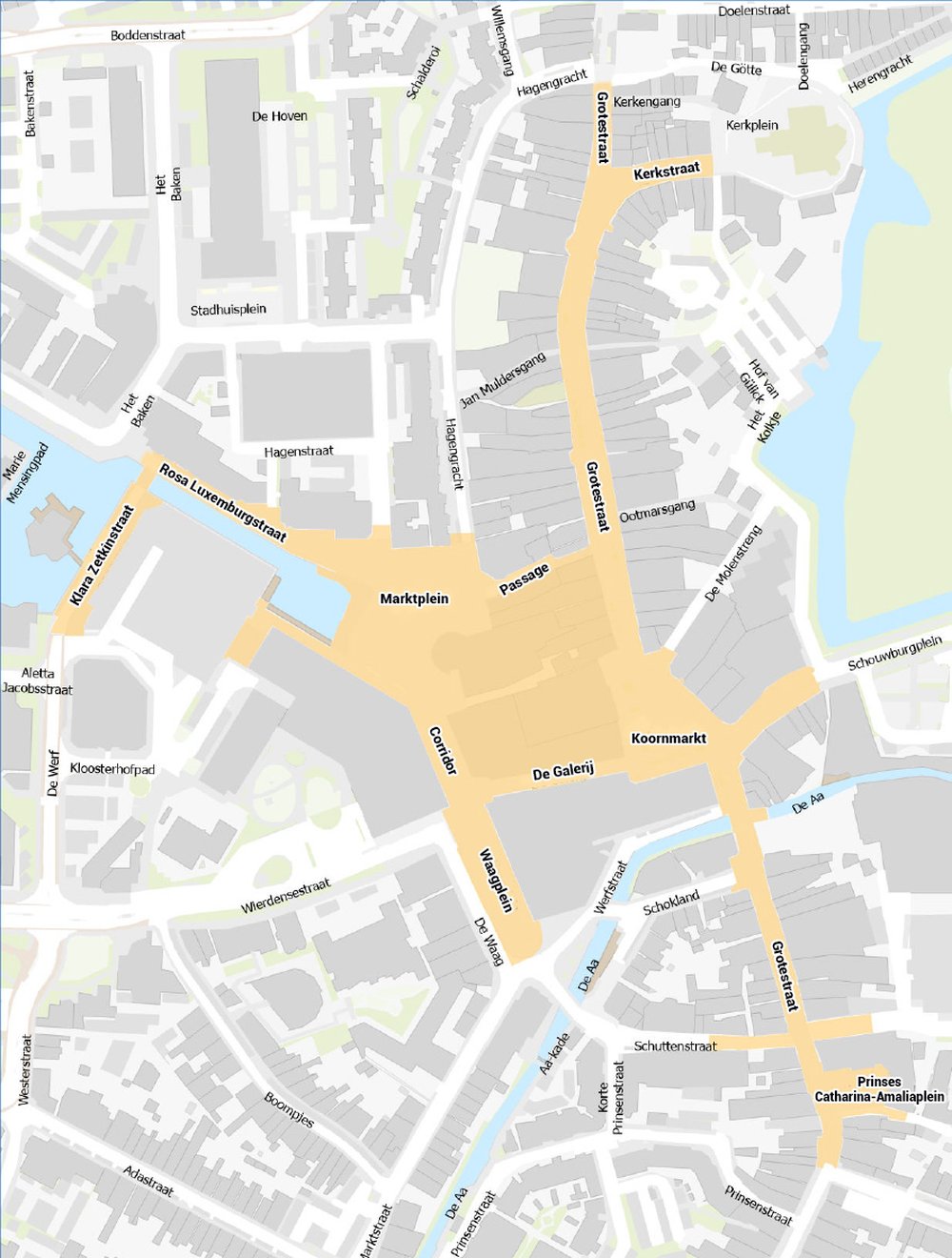 Overzichtskaart van de binnenstad van Almelo met het voetgangersgebied geel gemarkeerd rond het Marktplein, de Grotestraat en de Koornmarkt.