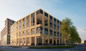Ontwerp van de nieuwe rechtbank in Almelo, een modern gebouw met een lichte gevelstructuur, grote ramen en bomen langs de straat.