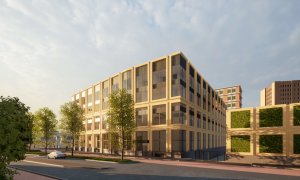 Nu deze Ontwerp van de nieuwe rechtbank in Almelo. Het gebouw heeft een lichte gevelstructuur met grote ramen en wordt omringd door bomen en groen.