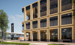 Ontwerp van de nieuwe rechtbank in Almelo, met zicht op de lichte gevelstructuur, grote ramen en de overdekte entree.