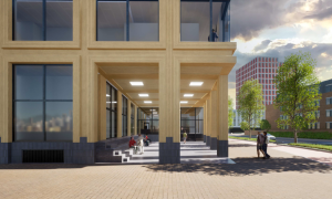 Ontwerp van de nieuwe rechtbank in Almelo, met een overdekte entree, grote ramen en zitplekken langs de gevel. Op de achtergrond staan bomen en andere gebouwen.