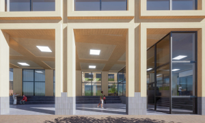Ontwerp van de entree van de nieuwe rechtbank in Almelo, met hoge gevelopeningen, grote ramen, brede trappen en zitplekken onder de overkapping.